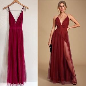 Rare Beauty Burgundy Tulle Backless Maxi Dress
